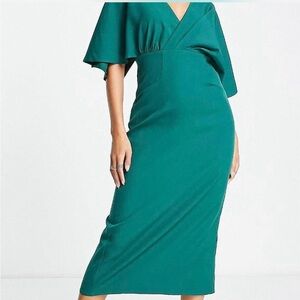 ASOS DESIGN Pleated Blouson Midi Dress in Forest Green ✨